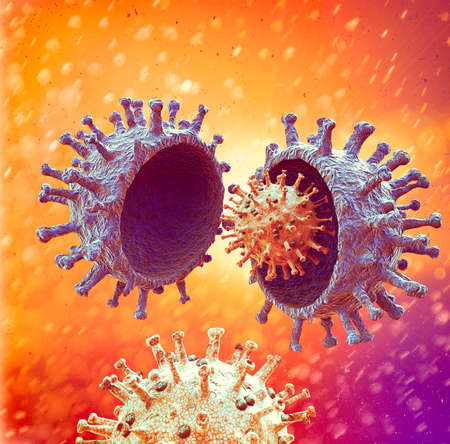Variant virus, coronavirus, spike protein. Deltacron, Omicron. Covid-19 seen under the microscope. SARS-CoV-2, 3d renderの写真素材