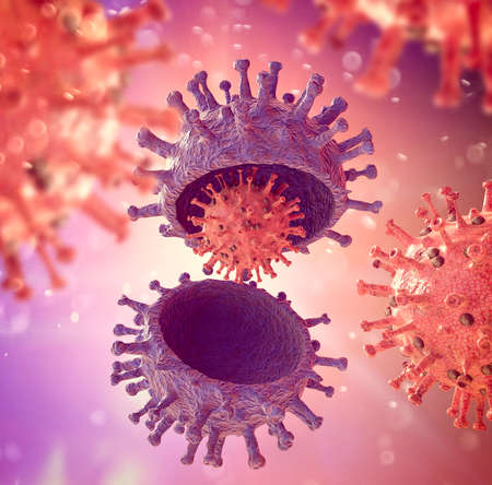 Variant virus, coronavirus, spike protein. Deltacron, Omicron. Covid-19 seen under the microscope. SARS-CoV-2, 3d renderの写真素材
