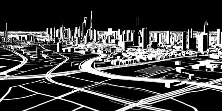 Satellite view of Shanghai, map of the city with house and building. Silhouette, black and white. Skyscrapers. China. People's Republic of China. 3d renderingの写真素材