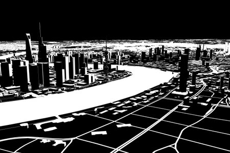 Satellite view of Shanghai, map of the city with house and building. Silhouette, black and white. Skyscrapers. China. People's Republic of China. 3d renderingの写真素材