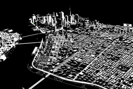 Lower Manhattan buildings. The tallest skyscraper in the Usa. Tower and trade center complex. The skyline of New York City. Use. 3d renderingの写真素材