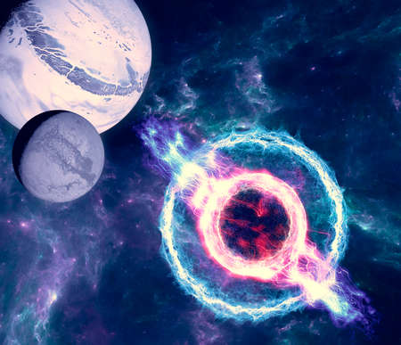 A magnetar is a type of neutron star believed to have an extremely powerful magnetic field. The magnetic-field decay powers the emission of high-energy electromagnetic radiation. 3d renderingの写真素材
