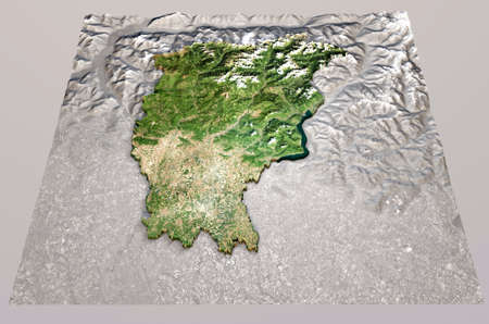 Satellite view of Bergamo province, Lombardia region. Italy. 3d rendering. Physical map, plains, mountains, lakes, mountain range.の写真素材