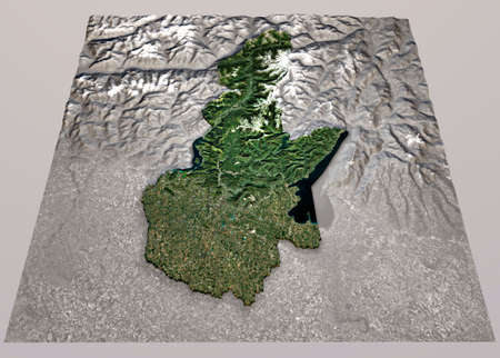 Satellite view of Brescia province, Lombardia region. Italy. 3d rendering. Physical map, plains, mountains, lakes, mountain range.の写真素材