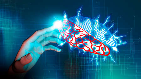 Creation and control of mental faculties. Human brain and creation of artificial intelligence. Robot and cyborg. To the. Human hand. 3d renderingの写真素材