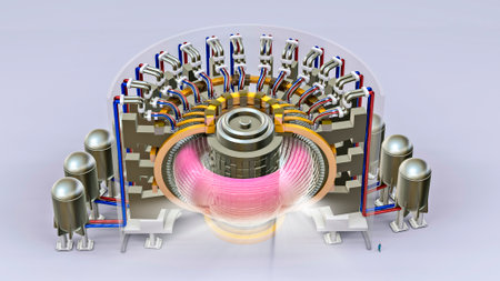 Nuclear fusion reactor, energy produced thanks to the fusion of atoms, the process that powers the Sun. ITER the first experimental reactor that involves the production of plasma. 3d section. 3d renderの写真素材