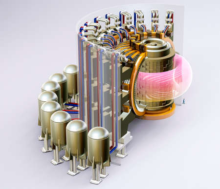 Nuclear fusion reactor, energy produced thanks to the fusion of atoms, the process that powers the Sun. ITER the first experimental reactor that involves the production of plasma. 3d sectionの写真素材