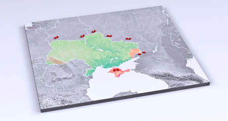 Physical map of Europe, Ukraine and borders. Russia and Belarus, Crimea and the Black Sea. Borders and provinces of Ukraine, map. Military maneuvers at the borders.の写真素材