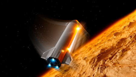 Starship spacecraft landing on Mars. Vehicle's heat shield. Interplanetary journeys to new worlds. Martian atmosphere. 3d renderingの写真素材