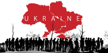 Refugees and immigrants looking for a new life expectancy. Column of migrants crossing desolate and snow-covered lands. Silhouette. Abandon their lands for a better future. Ukraine map. 3d renderingの写真素材