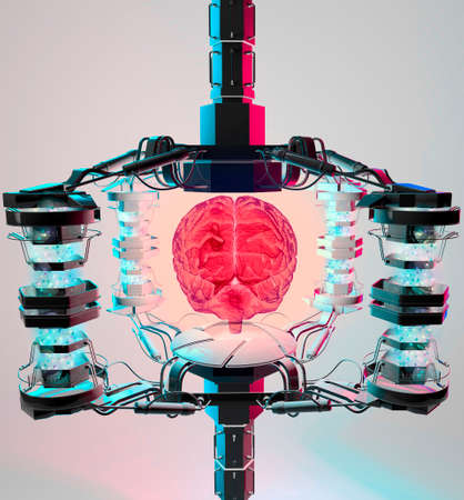 Scientific equipment, control of mental faculties. Creating memories. Brain study, robotic intervention. Synapses and neurons. Technology. 3d renderingの写真素材