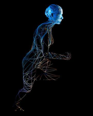 Motor activity, sports, exercise, running. Running woman profile view, abstract figure. Energy and strength. Vitamins that help strengthen muscles, physical balance. 3d renderingの写真素材