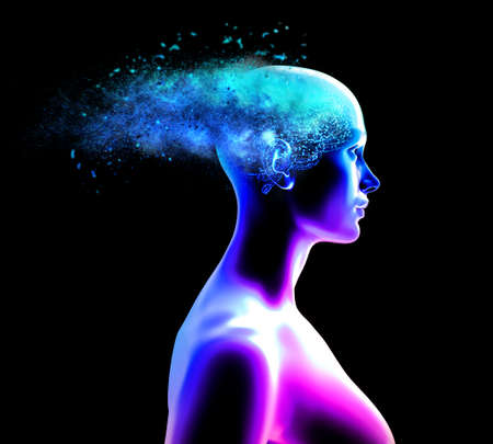 Woman side view, memory lapses, forgetting things, degenerative disease. Brain problems. Parkinson and alzheimer desease. Mental health. Stroke, synapses and neurnons interaction. 3d renderingの写真素材