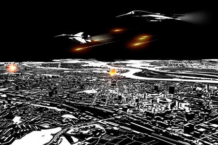 Russian fighters fly over the skies of Kiev, the capital of Ukraine and hit sensitive targets. War and invasion of Russia on Ukrainian territories. 3d renderingの写真素材