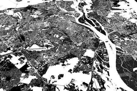 Map of the capital of Ukraine, Kiev. Buildings and city center. Aerial view. Roads and communication routes. 3d rendering. Access points to the cityの写真素材