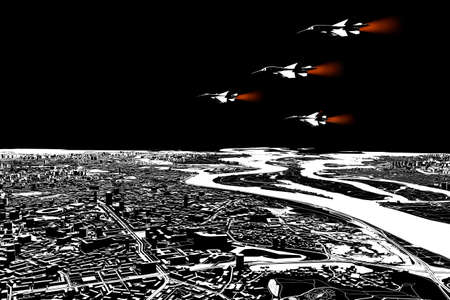 Russian fighters fly over the skies of Kiev, the capital of Ukraine and hit sensitive targets. War and invasion of Russia on Ukrainian territories. 3d renderingの写真素材
