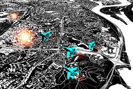 Russian fighters fly over the skies of Kiev, the capital of Ukraine and hit sensitive targets. War and invasion of Russia on Ukrainian territoriesの写真素材