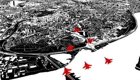 Russian raid on Kiev, Ukraine. Combat aircraft bombing sensitive targets on Kiev. Explosions caused by missiles of buildings and homes. War. 3d renderingの写真素材