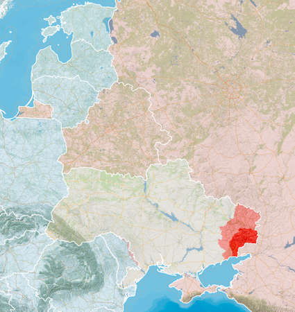 Map of Eastern Europe, Ukraine and neighboring states, satellite view, sides and factions. Allied states. Main roads and urban centers. War mapの写真素材