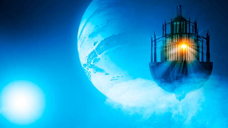 Sci-fi structures, other worlds, floating architectural figure. Exoplanets and other galaxies. Alien worlds and stars. Extraterrestrial civilizations, new habitats. 3d renderingの写真素材
