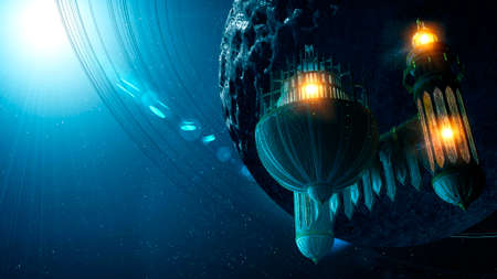 Sci-fi structures, other worlds, floating architectural figure. Exoplanets and other galaxies. Alien...