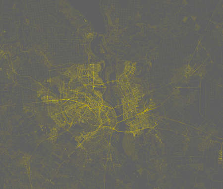 Satellite view of the street map of Kiev, night view. Illuminated streets. Ukraineの写真素材