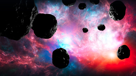 Exploration of new worlds, space and universe, new galaxies. Planets in backlight. Debris and meteorites. Solar systems.の写真素材