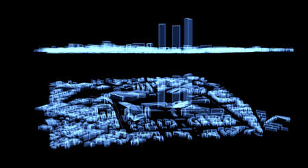 Map of the Tre Torri area in Milan. Hologram, sci-fi, skyscraper skyline. Old fair area. Aerial view of buildings and homes. CityLife Shopping District. Modern architecture. X-ray view, 3d renderingの写真素材