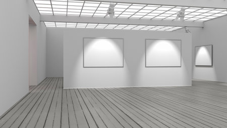 Exhibition, visit to a museum. Modern Art. Paintings on the walls. Copy-spaceの写真素材