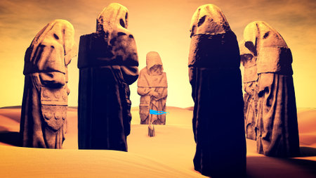 Fantasy landscape, medieval warrior surrounded by ruins of other times, lost worlds, statue. Desert...