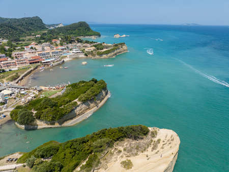 Aerial view of the promontory of Sidari in the northern part of the island of Corfu, Greece. Canal...