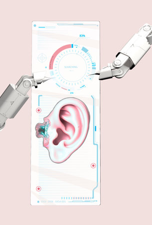 Robotic arm and transparent display. Hud. Ear study. Hearing problems and solutions. Ultrasound. Deafness. Advancing age and hearing loss. 3d rendering. Sense of hearingの写真素材