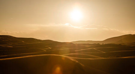 Dunes in the Sahara desert, Merzouga desert, grains of sand forming small waves on the dunes, panoramic view. Setting sun. Moroccoの写真素材