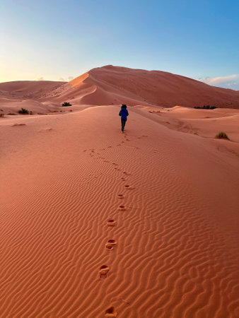 Dunes in the Sahara desert, Merzouga desert, grains of sand forming small waves on the dunes, panoramic view. Setting sun. Morocco. Girl that walks on a sand dune. Shoe printsの写真素材