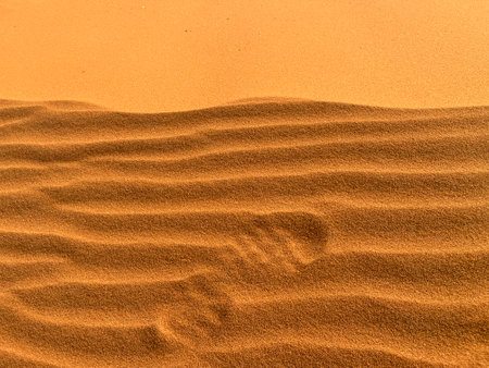 Shoe prints on a sand dune in the Sahara Desert, Merzouga. Grains of sand forming small waves on the dunes. Setting sun. Moroccoの写真素材