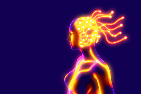 Digital consciousness, brain potential. Ideas and innovation. Free your mind. Synapses and artificial intelligence. Cloud and globalization. 3d rendering. Human anatomy and brainの写真素材