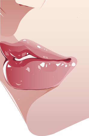 Female mouth and face, detail of lips with lipstick, glossy effect, shine. Daily nourishing, repairing and soothing treatment for soft and hydrated lipsのイラスト素材