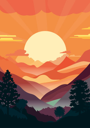 Sunset between hills and mountains, valleys and lights, shapes and silhouettes of a hilly landscape. Vectorのイラスト素材