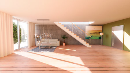 Internal view of an open space with staircase and windows, large size, modern and contemporary...