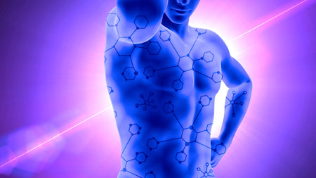 Body and physical health, specific supplements, help for the body. Muscular shirtless guy, 3d rendering. Muscle tone and invigorating supplements. Increased physical performanceの写真素材