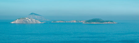 Aerial view of Cagarras Islands Archipelago Natural Monument with haze see from Ipanema beach, Rio de Janeiro. Brazilの写真素材