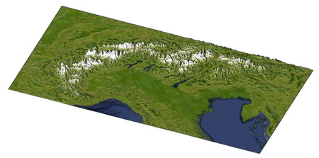 Italian Alpine Arch and Northern Italy, satellite view. Aerial view of the north of the peninsula. Mountains relief, lakes and plains. Physical map. Drawing effect. 3d renderingの写真素材