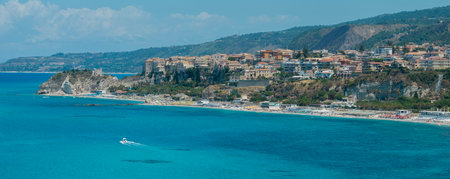 Aerial view of Tropea, house on rock, Calabria. Italy. Tourist destination of southern Italy, seaside resort situated on a cliff in the gulf of Sant'Eufemiaの写真素材