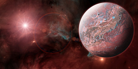 Planets and exoplanets of unexplored galaxies. Sci-Fi. New worlds to discover. Colonization and exploration of nebulae and galaxies. 3d renderingの写真素材