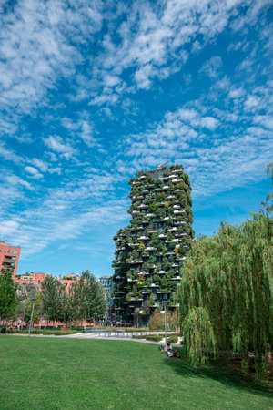 View of the balconies and terraces of Bosco Verticale, full of green plants. Milan, Porta Nuova skyscraper residences, Italy. Bam, tree library. Italyのeditorial素材