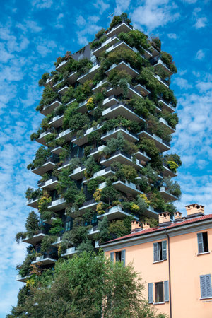 View of the balconies and terraces of Bosco Verticale, full of green plants. Milan, Porta Nuova skyscraper residences, Italy. Bam, tree library. Italyのeditorial素材