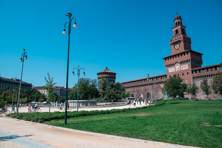 Castello Sforzesco (Sforza's Castle) details of the medieval fortification located in Milan, northern Italy. 08-15-2023. It was built in the 15th century by Francesco Sforza, Dukeのeditorial素材