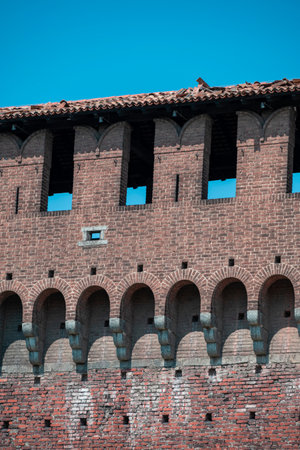 Castello Sforzesco (Sforza's Castle) details of the medieval fortification located in Milan, northern Italy. 08-15-2023. It was built in the 15th century by Francesco Sforza, Dukeのeditorial素材