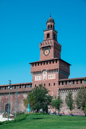 Castello Sforzesco (Sforza's Castle) details of the medieval fortification located in Milan, northern Italy. 08-15-2023. It was built in the 15th century by Francesco Sforza, Dukeのeditorial素材