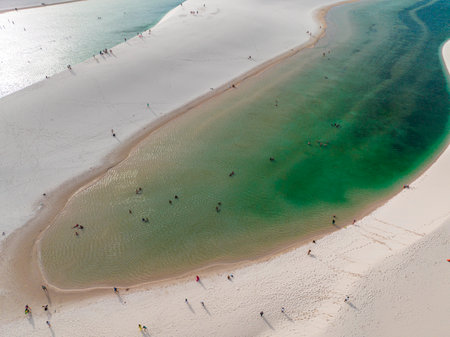 Aerial view of Lencois Maranhenses. White sand dunes with pools of fresh and transparent water. Desert. Barreirinhas. Maranhao State National Park. Brazilの写真素材